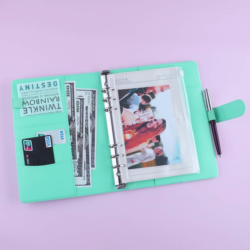 Antner A5 Notebook Binder 6 Ring Refillable Budget Planner Cover for Cash Organizer, PU Leather Loose Leaf Photocard Holder Aesthetic Binder with Magnetic Buckle for A5 Planner Inserts, Light Green - Image 3